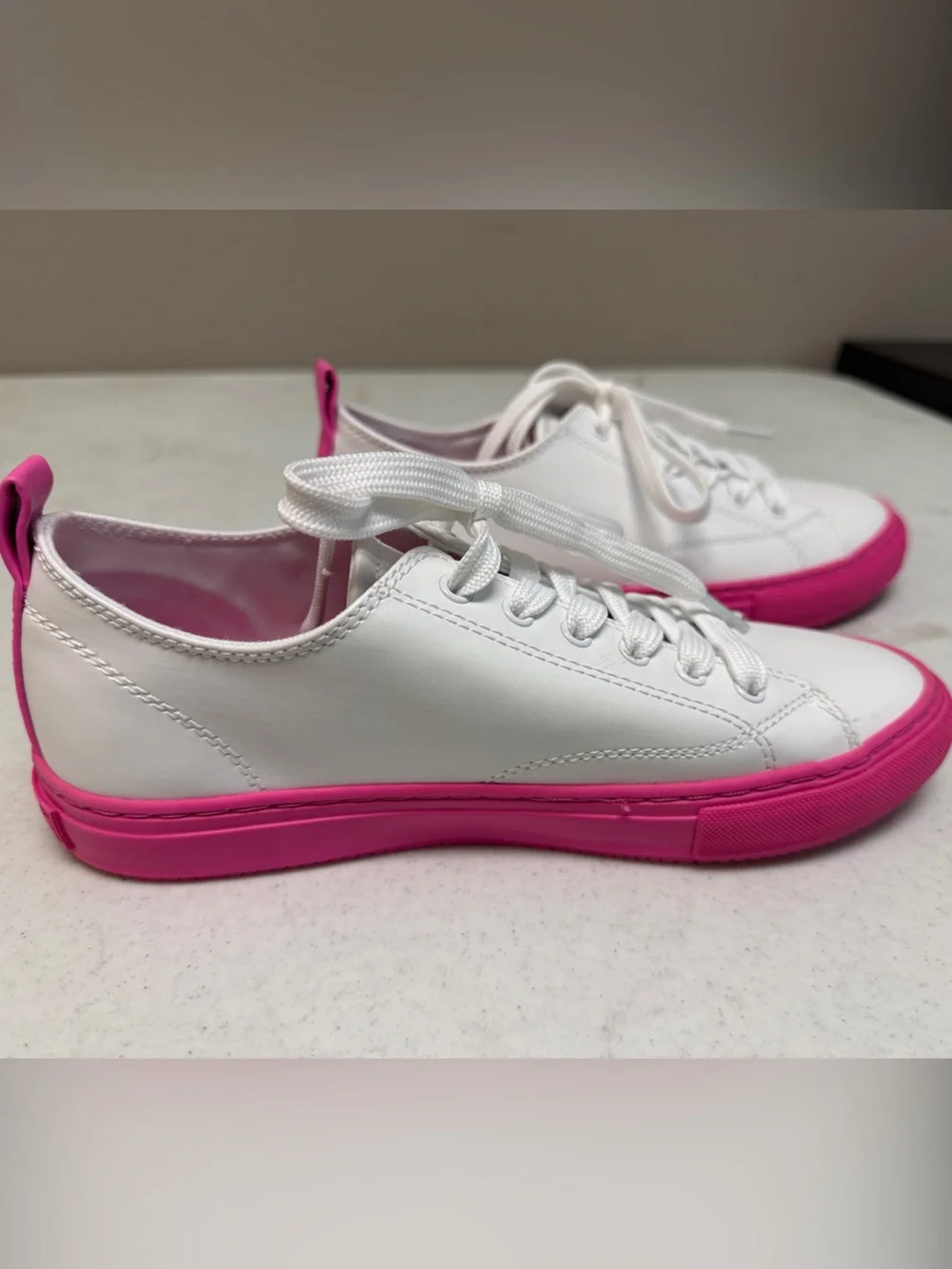Marc Fisher White and Pink Women's Leather Lace-Up Sneakers